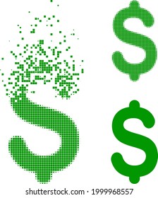 Decomposed pixelated dollar price icon with halftone version. Vector wind effect for dollar price icon. Pixel creation effect for dollar price demonstrates motion of cyberspace objects.