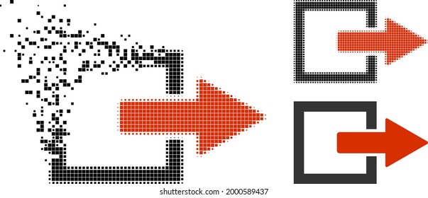 Dekomposierte pixelförmige Exportglyph mit Halbtonversion. Vektorzerstörungseffekt für Exportpfeilsymbol. Der Pixeleffekt der Dissipation für den Exportpfeil zeigt die Bewegung der virtuellen Materie.