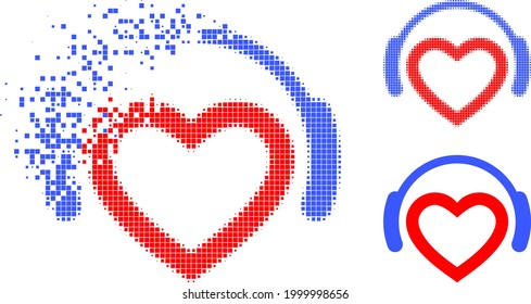 Decomposed pixelated favourite dj headphones icon with halftone version. Vector wind effect for favourite dj headphones symbol.