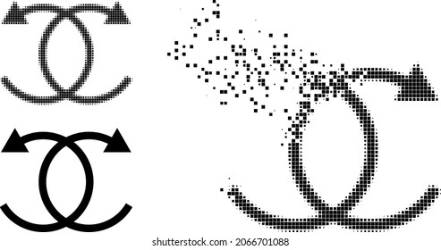 Decomposed pixelated knot rotation pictogram with halftone version. Vector destruction effect for knot rotation pictogram.
