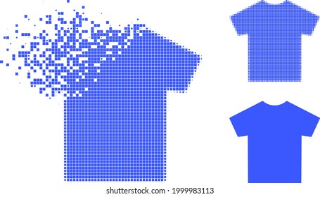 Decomposed pixelated male t-shirt icon with halftone version. Vector destruction effect for male t-shirt symbol.