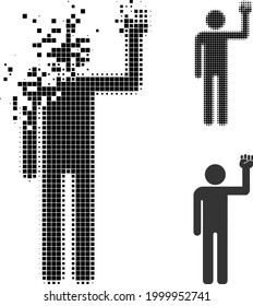 Decomposed pixelated man fist up icon with halftone version. Vector destruction effect for man fist up icon. Pixelated destruction effect for man fist up gives speed of virtual matter.
