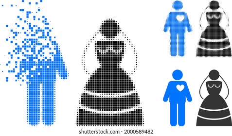 Decomposed pixelated marriage persons glyph with halftone version. Vector destruction effect for marriage persons pictogram.
