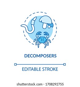 Decomposers blue concept icon. Food chain final link, reducers. Biological process in nature idea thin line illustration. Vector isolated outline RGB color drawing. Editable stroke