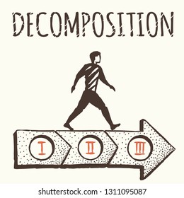 Decomposition. Any big goal is divided into small components. The man on the big arrow.