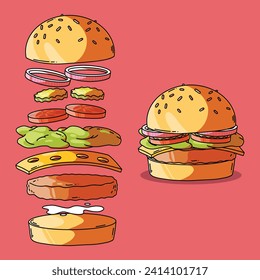 Deconstructed burger vector illustration. Fast food, brand design concept.