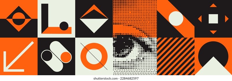 Deconstructed postmodern illustrations feature vector abstract symbols with bold geometric shapes. They are ideal for a variety of uses, such as web backgrounds, poster design and cover art.