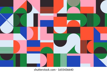 Deconstructed postmodern inspired artwork of vector abstract symbols with bold geometric shapes, useful for web background, poster art design, magazine front page, hi-tech print, cover artwork.