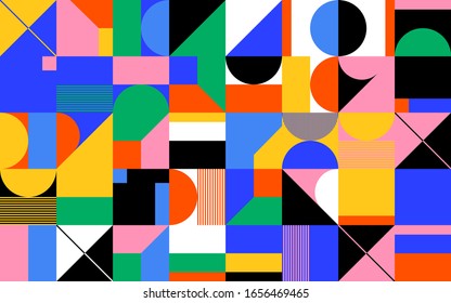 Deconstructed postmodern inspired artwork of vector abstract symbols with bold geometric shapes, useful for web background, poster art design, magazine front page, prints, cover artwork.