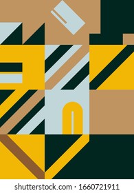 Deconstructed postmodern inspired artwork of vector abstract symbols with bold geometric shapes, useful for web background, poster art design, magazine front page, hi-tech print, cover artwork.