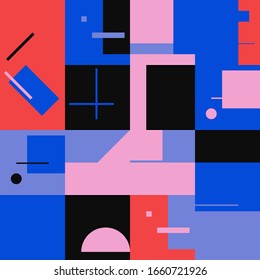 Deconstructed postmodern inspired artwork of vector abstract symbols with bold geometric shapes, useful for web background, poster art design, magazine front page, hi-tech print, cover artwork.