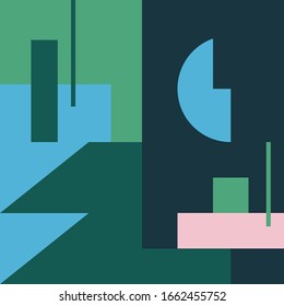 Deconstructed postmodern inspired artwork of vector abstract symbols with bold geometric shapes, useful for web background, poster art design, magazine front page, hi-tech print, cover artwork.