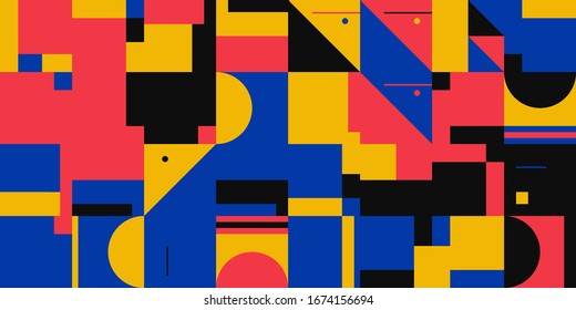 Deconstructed postmodern inspired artwork of vector abstract symbols with bold geometric shapes, useful for web background, poster art design, magazine front page, hi-tech print, cover artwork.