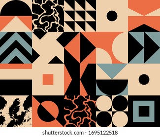 Deconstructed postmodern inspired artwork of vector abstract symbols with bold geometric shapes, useful for web background, poster art design, magazine front page, hi-tech print, cover artwork.