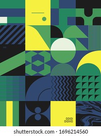 Deconstructed postmodern inspired artwork of vector abstract symbols with bold geometric shapes, useful for web background, poster art design, magazine front page, hi-tech print, cover artwork.