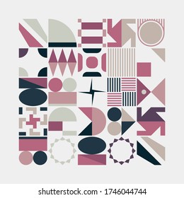 Deconstructed postmodern inspired artwork of vector abstract symbols with bold geometric shapes, useful for web background, poster art design, magazine front page, hi-tech print, cover artwork.