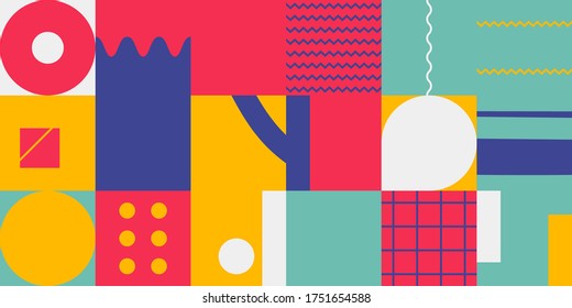 Deconstructed postmodern inspired artwork of vector abstract symbols with bold geometric shapes, useful for web background, poster art design, magazine front page, hi-tech print, cover artwork.