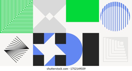 Deconstructed postmodern inspired artwork of vector abstract symbols with bold geometric shapes, useful for web background, poster art design, magazine front page, hi-tech print, cover artwork.