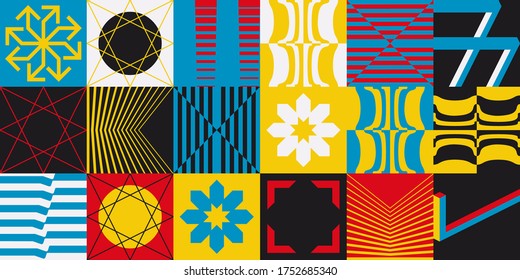 Deconstructed postmodern inspired artwork of vector abstract symbols with bold geometric shapes, useful for web background, poster art design, magazine front page, hi-tech print, cover artwork.