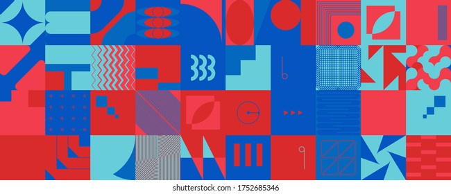 Deconstructed postmodern inspired artwork of vector abstract symbols with bold geometric shapes, useful for web background, poster art design, magazine front page, hi-tech print, cover artwork.