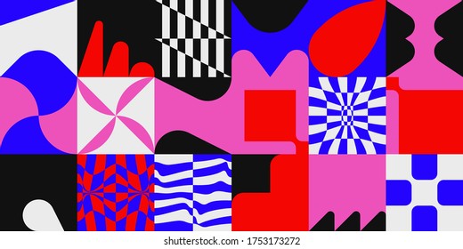 Deconstructed postmodern inspired artwork of vector abstract symbols with bold geometric shapes, useful for web background, poster art design, magazine front page, hi-tech print, cover artwork.