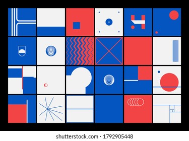 Deconstructed postmodern inspired artwork of vector abstract symbols with bold geometric shapes, useful for web background, poster art design, magazine front page, hi-tech print, cover artwork.