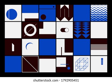 Deconstructed postmodern inspired artwork of vector abstract symbols with bold geometric shapes, useful for web background, poster art design, magazine front page, hi-tech print, cover artwork.