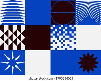 Deconstructed postmodern inspired artwork of vector abstract symbols with bold geometric shapes, useful for web background, poster art design, magazine front page, hi-tech print, cover artwork.