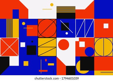 Deconstructed postmodern inspired artwork of vector abstract symbols with bold geometric shapes, useful for web background, poster art design, magazine front page, hi-tech print, cover artwork.