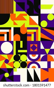 Deconstructed postmodern inspired artwork of vector abstract symbols with bold geometric shapes, useful for web background, poster art design, magazine front page, 