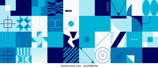 Deconstructed postmodern inspired artwork of vector abstract symbols with bold geometric shapes, useful for web background, poster art design, magazine front page, hi-tech print, cover artwork.