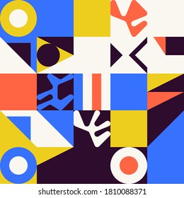 Deconstructed postmodern inspired artwork of vector abstract symbols with bold geometric shapes, useful for web background, poster art design, magazine front page, hi-tech print, cover artwork.