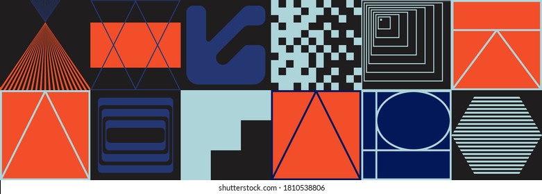 Deconstructed postmodern inspired artwork of vector abstract symbols with bold geometric shapes, useful for web background, poster art design, magazine front page, hi-tech print, cover artwork.