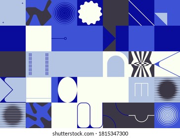 Deconstructed postmodern inspired artwork of vector abstract symbols with bold geometric shapes, useful for web background, poster art design, magazine front page, hi-tech print, cover artwork.