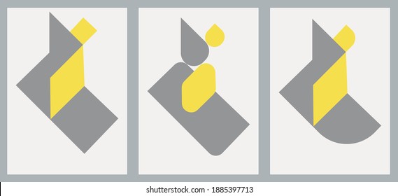 Deconstructed postmodern inspired artwork of vector abstract symbols with bold geometric shapes, useful for web background, poster art design, magazine front page, hi-tech print, yellow and grey art.