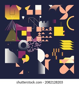 Deconstructed visual artwork of Futurism inspired vector abstract pattern design made with  bold geometric shapes, useful for web background, poster art design, magazine front page, motion graphics.