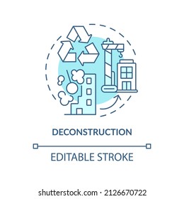 Deconstruction turquoise concept icon. Recycling process. Sustainable city design abstract idea thin line illustration. Isolated outline drawing. Editable stroke. Arial, Myriad Pro-Bold fonts used