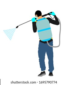 Decontamination against corona virus applying chemical spray. Cleaning man with protective gear, face mask, medical gloves vector. Floor care service worker washing. Sterile hospital health care job.