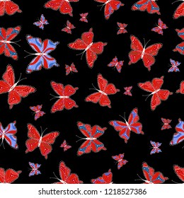 Decor background for clothing design. Red, blue and black butterflies pattern. Cute butterfly seamless pattern for print textures. Vector illustration.