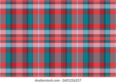 Decor background textile seamless, pano check pattern tartan. Choose texture vector plaid fabric in red and cyan colors palette.