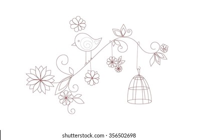 Decor bird and cages - vector illustration.Outline drawing  bird on on a  
decorative branch. Illustration of a cute cartoon  linear bird.
Element for St. Valentine's day greeting card with bird.
