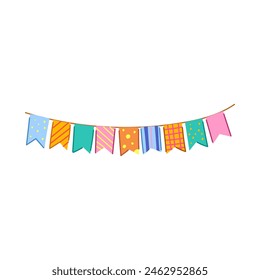 decor birthday flags cartoon. triangle anniversary, event card, carnival greeting decor birthday flags sign. isolated symbol vector illustration