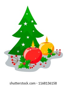 Decor of burning, round candles, leaves and berries of holly and deco Christmas trees in the style of flat. Cute decor for Christmas and New Year.