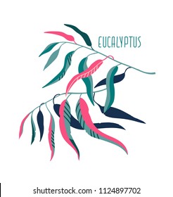 Decor for card. Cute Eucalyptus tree branches with green and pink leaves isolated on the white background. Vector natural elegant illustration, rustic luxury template.