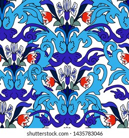 decor ceramic tile Turkish ornamental flower oriental background. East ornament with blooming tulips and irises.Fairy floral pattern. Seamless filigree ornament. Stylized template for wallpaper, texti