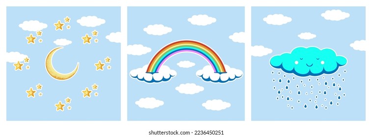 Decor in the children's room. Rainbow, moon, stars and rain.