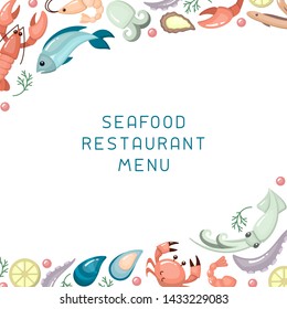 Decor concept with seafood elements and space for your text. Cartoon style vector illustration. Suitable for advertising or restaurant menu design