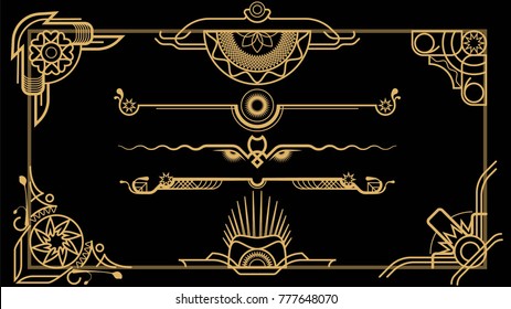 Decor for documents. Golden on black. Strict geometric shapes.