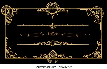 Decor for documents. Golden on black. Strict geometric shapes.
