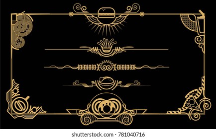 Decor for documents. Golden on black. Strict geometric shapes. Patterns with elements of fast food.